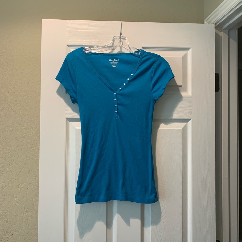 Blue T with button down detail